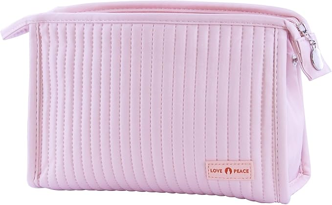 Small Makeup Bag Simple Cosmetic Pouch, Water Resistant PU Striped Leather Portable Travel Toiletry Bag with Handle for Women and Girls (Pink)