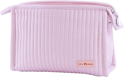 Small Makeup Bag Simple Cosmetic Pouch, Water Resistant PU Striped Leather Portable Travel Toiletry Bag with Handle for Women and Girls (Pink)
