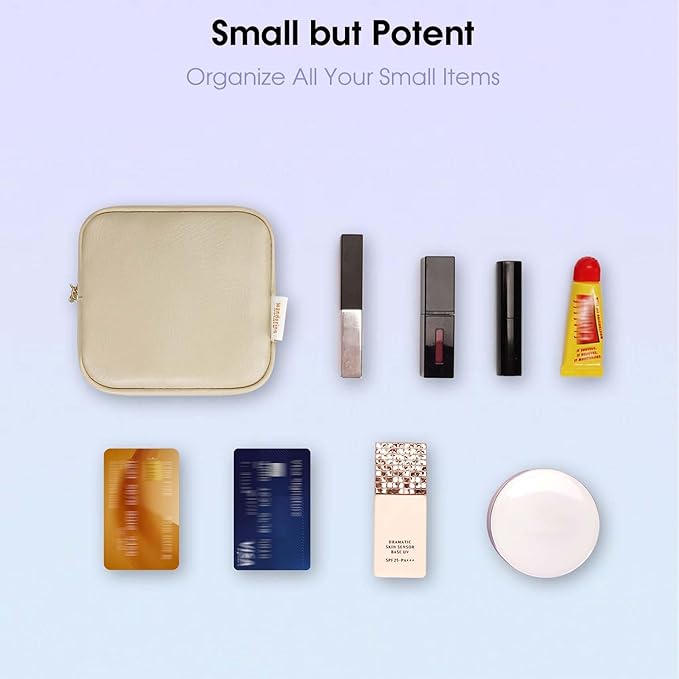Wandering Nature Small Makeup Bag for Purse Mini Make up Pouch Cute Cosmetic Pouch for Women with Slip-in Pockets Matte Leather, Beige