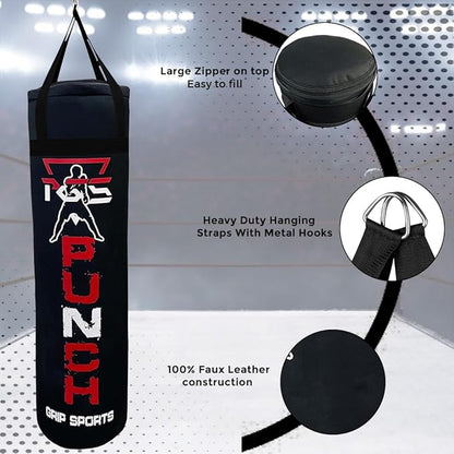 PGS Punching Bag - Hanging Boxing Bag for MMA, Karate, Judo, Muay Thai, Kickboxing, Self Defense Training for Training at Home or Gym or Office - Unfilled Heavy Bag 70 to 100 lbs - Black- UNFILLED