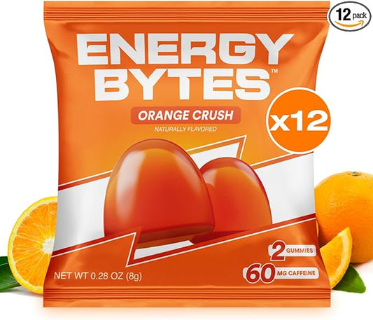 Energy Bytes Caffeine Gummies | Instant Energy Chews for Running, Cycling and Sports Performance | Vegan, Low Sugar | Orange Crush (12-Pack)