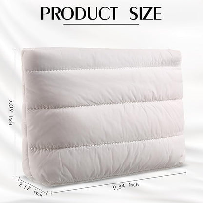 Hillban Puffy Quilted Makeup Bag Quilted Cosmetic Bag Cute Puffer Toiletry Checkered Pouch Aesthetic Travel Makeup Brushes Organizer(White,Classic Stripes)