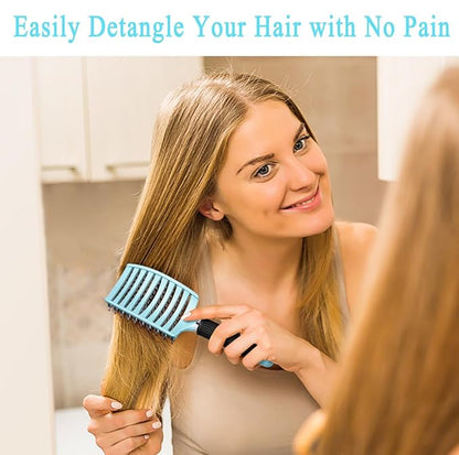KTKUDY Detangling Brush Boar Bristles Hairbrush Make Hair Shiny & Healthier Curved and Vented Detangler Brush for Women Men Kids Wet and Dry Hair (light Blue)