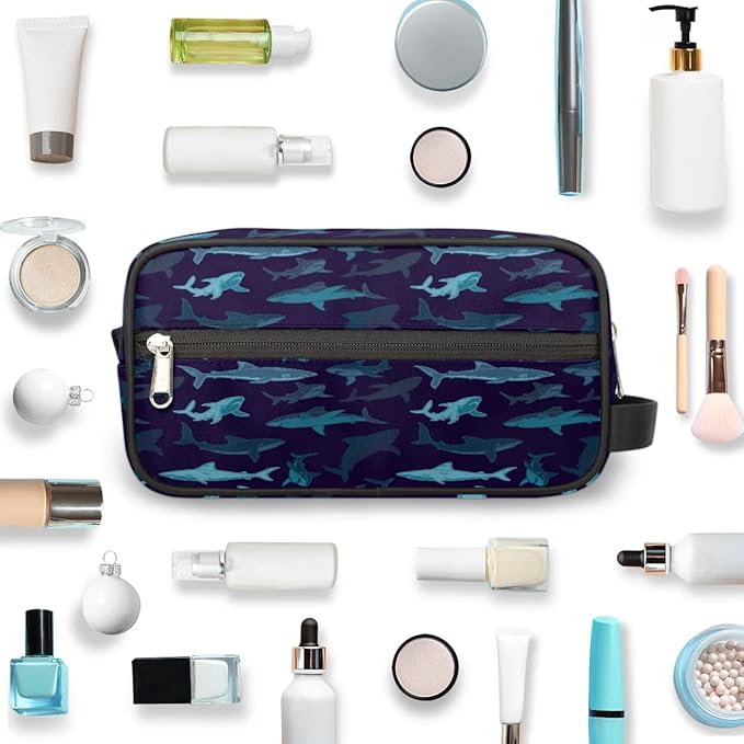 Navy Blue Shark Hanging Toiletry Bag,Travel Hygiene Kits for Boys Mens,Waterproof Makeup Carry-on Bags,Cosmetic Bag,TSA Approved Shave Dopp Kit for Toiletries Shower Bathroom Accessories Gifts