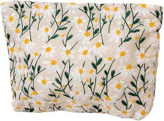 Cosmetic Bags for Women Makeup Bag Large Capacity Purse Travel Toiletry Zipper Storage Pouch Make up Brushes Organizer for Gifts (Daisy, White)