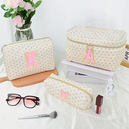 3 PCS Travel Makeup Bag Set, A-Z Initials Cotton Make up Bag Floral Quilted Cosmetic Bag for Girls and Women, Personalized Cute Toiletry Bag Travel Accessories Brushes Bag Flower - J