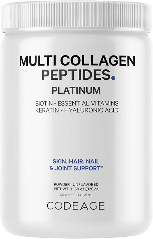 Codeage Multi Collagen for Women & Men Biotin 10000mcg Keratin, Protein Powder Vitamin C B6 D3, Hyaluronic Acid, Niacin - Hydrolyzed Collagen Coffee Creamer 5 Types - Unflavored - Non-GMO - 11.5oz