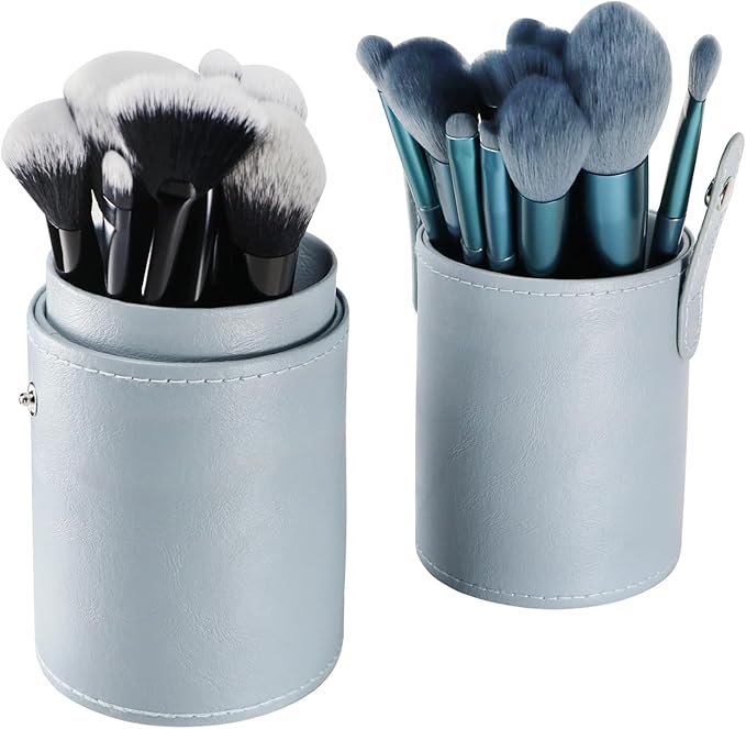 Portable Makeup Brush Case,Pu Leather Makeup Brush Holder with Button,Travel Cup Storage Dustproof Makeup Cosmetic Bags for Women (Light blue)
