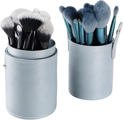 Portable Makeup Brush Case,Pu Leather Makeup Brush Holder with Button,Travel Cup Storage Dustproof Makeup Cosmetic Bags for Women (Light blue)