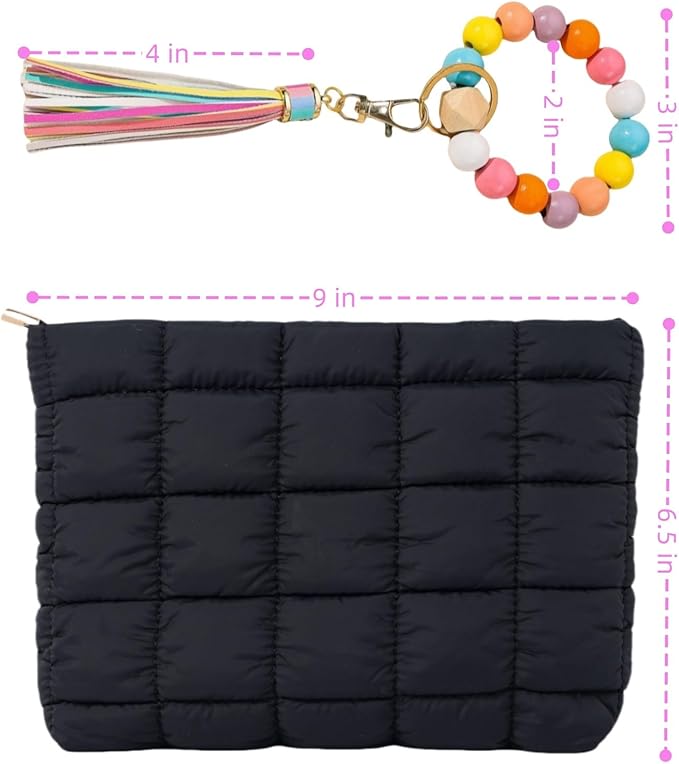 Puffy Makeup Bag Quilted Pouch Puffer Make Up Bag for Purse Cosmetic Bag for Women (Black)