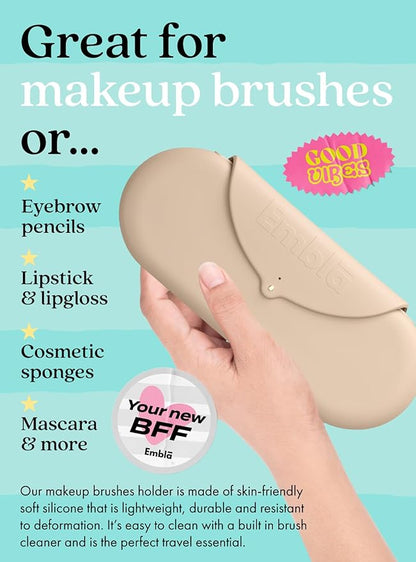 Embla Makeup Brush Holder Travel Cosmetic Case Pouch, Soft Silicone Cosmetic Bag Make Up Brushes Holder with Secure Snap Closure, Travel Makeup Brush Case, Sand