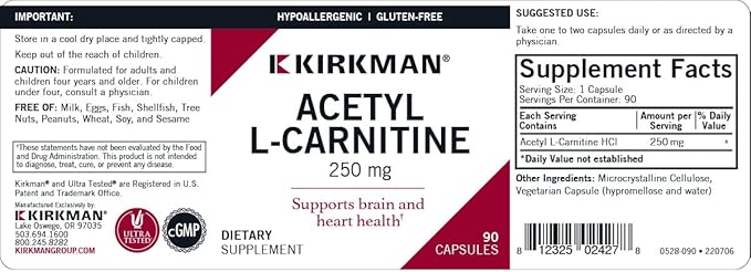 Kirkman - Acetyl L-Carnitine 250 mg - 90 Capsules - Supports Sustained Cellular Energy Production - Hypoallergenic