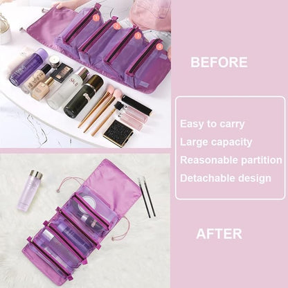 Roll Up Makeup Bag, Hanging Toiletry Bag, 4 in 1 Detachable Cosmetic Bag, 4 Removable Storage Bags, Travel Makeup Organizer Bags for Women Men(Purple)