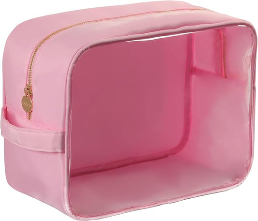 Extra Large Preppy Transparent Makeup Pouch Women Travel Clear TPU and Nylon Cosmetic Pouch (Extral-Large,Pink)