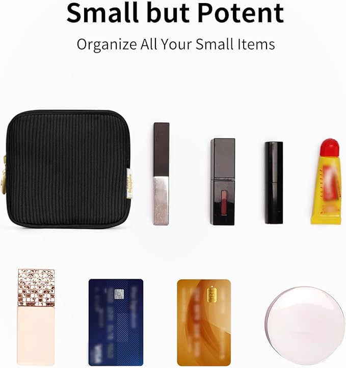 Wandering Nature Small Makeup Bag for Purse Mini Make up Pouch Cute Cosmetic Pouch for Women with Slip-in Pockets Corduroy, Black
