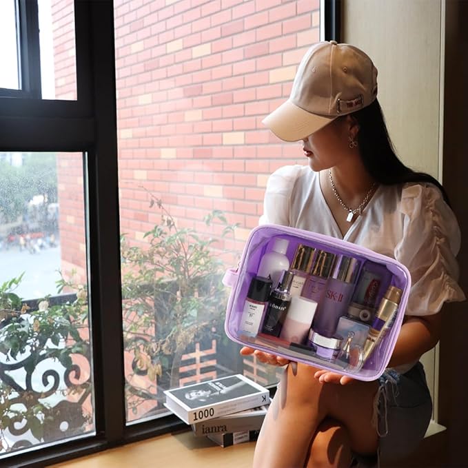 Transparent Makeup Bag Women Travel Clear Toiletry Bag TPU and Nylon Cosmetic Pouch (Extral-Large, Purple)