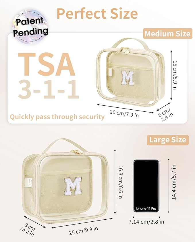 Wandering Nature Clear Makeup Bags 2 Pack Personalized Initial Makeup Pouch Preppy Small Cosmetic Pouch Organizer Travel Toiletry Bag, Birthday Gifts for Girlfriend Women