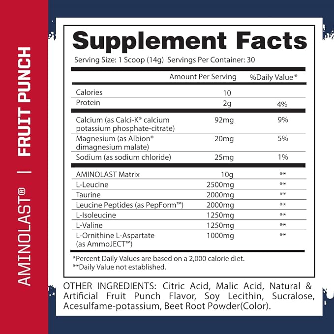 Gaspari Nutrition Aminolast, Recovery and Endurance BCAA Superfuel, 2:1:1 Amino Acid Ratio, Fueled with Electrolytes (30 Servings, Fruit Punch)