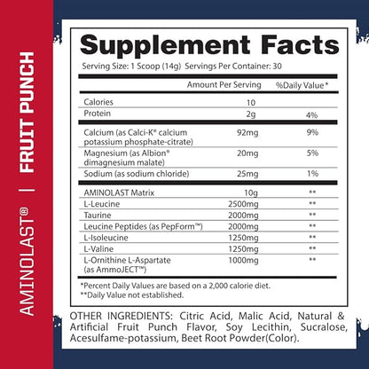 Gaspari Nutrition Aminolast, Recovery and Endurance BCAA Superfuel, 2:1:1 Amino Acid Ratio, Fueled with Electrolytes (30 Servings, Fruit Punch)