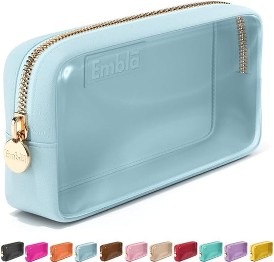 Embla Clear Cosmetic Bag Makeup Case, Clear Zipper Make Up Pouch and Toiletry Travel Tote, Cute Skincare Pouches for Women Girls, Preppy Purse Cosmetic Organizer, Small Makeup Bags, Sky Blue