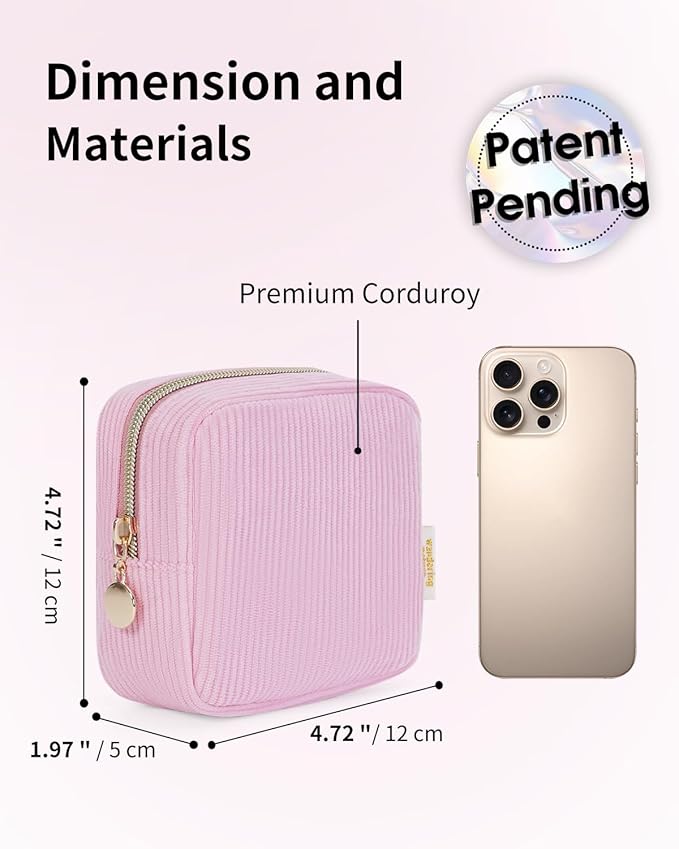 Wandering Nature Small Makeup Bag for Purse Mini Make up Pouch Cute Cosmetic Pouch for Women with Slip-in Pockets Corduroy, Pink
