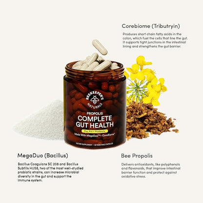 Beekeeper's Naturals Complete Gut Health, 3-in-1 Prebiotic, Postbiotic, Probiotics for Digestive Health & Bloating Relief for Women & Men, Propolis Powered, Gluten-Free Vegan Capsules, 60ct