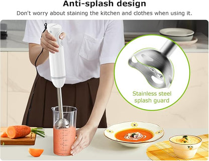 Bonsenkitchen Hand Blender, Immersion Blender with 2 Mixing Speed, Electric Portable Handheld Stick Mixer with Stainless Steel Blades for Soup, Smoothie, Puree, Baby Food, White