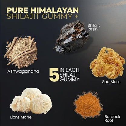 Organic Shilajit Gummies 1500mg, Sea Moss 200mg, Ashwagandha 500mg, 105+ Trace Minerals – Organic Burdock Root & Lions Mane Mushroom - Blue Razz – Vegan & Non-GMO – Made in USA – 60ct