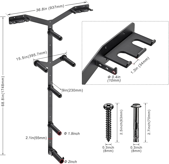 Wall Mounted Weight Plate Rack, Heavy Duty Olympic Barbell Holder & T Bar Row Landmine Attachment, 6 Hook Holes, 5 Pegs & 4 Barbell Storage, Space-Saving Home Gym Organizer