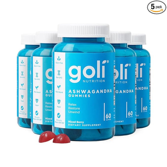 Goli Ashwagandha & Vitamin D Gummy - 300 Count - Mixed Berry, KSM-66, Vegan, Plant Based, Non-GMO, Gluten-Free & Gelatin Free Relax. Restore. Unwind, Pack of 5