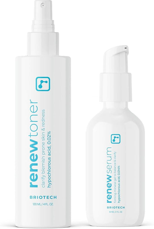 BRIOTECH BrioCare Skin Care Set, Skin Renew Toner Spray 4 fl oz + Mineral Serum 2 fl oz, Minimize Appearance of Acne, Soften Lines, Tighten Wrinkles, Smooth Face Neck Chest, Gift Set for Men & Women