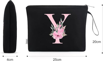 Vavabox A-Z Personalized Makeup Bag, Birthday Gifts for Women Mom, Gifts for Best Friend, Bride Bridesmaid Cosmetic bag (Y, Black)