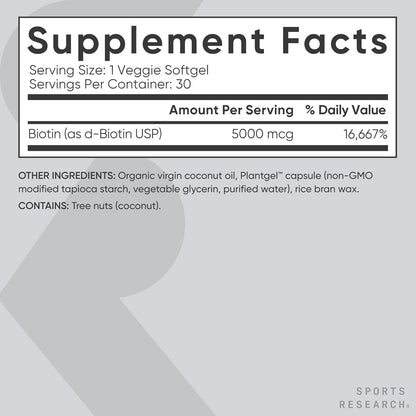 Sports Research Extra Strength Vegan Biotin (Vitamin B) Supplement with Organic Coconut Oil - Supports Keratin for Healthier Hair & Skin - Great for Women & Men - 5,000mcg, 30 Veggie Softgel Capsules