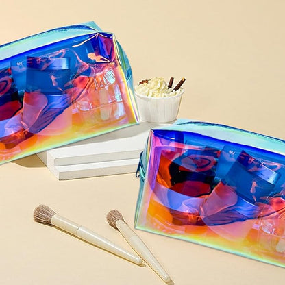 ONEART 2Pack Holographic Cosmetic Bags, Portable Iridescent Makeup Bag, Waterproof Zippered Toiletry Bags for Travel Makeup Brush Holder, Women Organizer Bag Cases