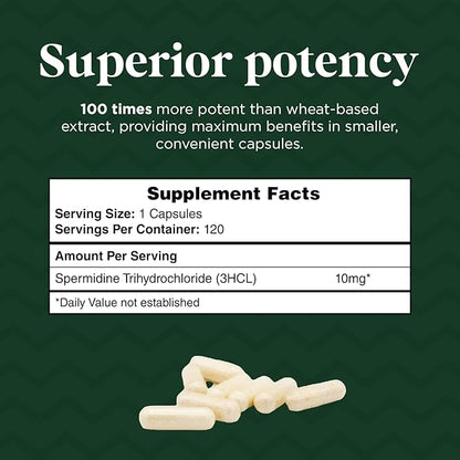 Spermidine (10mg of 99% Spermidine 3HCL - Third Party Tested) 120 Capsules - 100x More Potent Than Wheat Germ Extract, Telomere Health and Aging 120-Day Supply - As efficient as NMN
