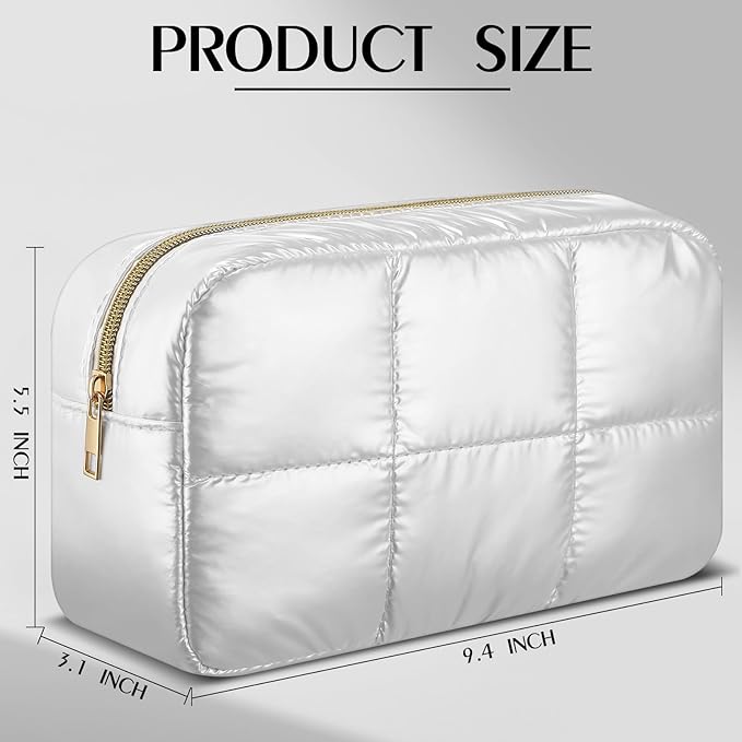 Hillban Puffy Quilted Makeup Bag Quilted Cosmetic Bag Cute Puffer Toiletry Checkered Pouch Aesthetic Travel Makeup Brushes Organizer(White,Elegant)