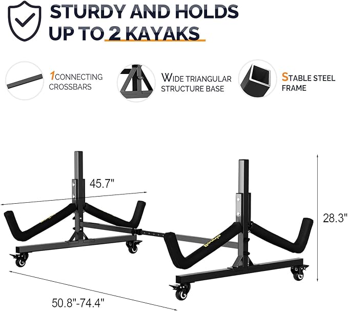 Bonnlo Kayak Stand Freestanding Storage Rack for Kayak Canoe Boat Paddle Board SUP Surfboard for Indoor Outdoor Garage, Shed, Dock with Lockable Wheels Wide Adjustable