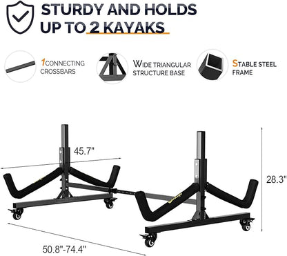 Bonnlo Kayak Stand Freestanding Storage Rack for Kayak Canoe Boat Paddle Board SUP Surfboard for Indoor Outdoor Garage, Shed, Dock with Lockable Wheels Wide Adjustable