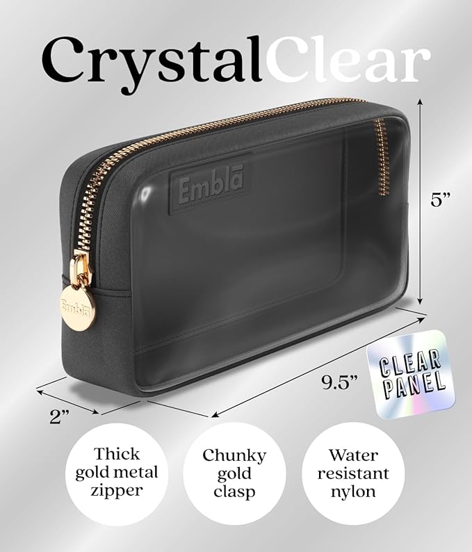 Embla Clear Cosmetic Bag Makeup Case, Clear Zipper Make Up Pouch and Toiletry Travel Tote, Cute Skincare Pouches for Women Girls, Preppy Purse Cosmetic Organizer, Small Makeup Bags, Black