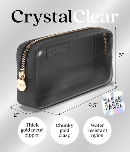Embla Clear Cosmetic Bag Makeup Case, Clear Zipper Make Up Pouch and Toiletry Travel Tote, Cute Skincare Pouches for Women Girls, Preppy Purse Cosmetic Organizer, Small Makeup Bags, Black