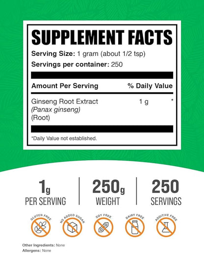 BulkSupplements.com Ginseng Root Extract Powder - Ginseng Supplement, Ginseng Herbal Supplements, Panax Ginseng - Vegan & Gluten Free, 1000mg per Serving, 250g (8.8 oz) (Pack of 1)