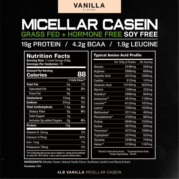 Muscle Feast Pasture Raised + Grass Fed Micellar Casein + RBST/rBGH Free, Vanilla, 4lb