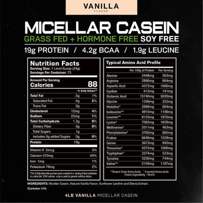 Muscle Feast Pasture Raised + Grass Fed Micellar Casein + RBST/rBGH Free, Vanilla, 4lb