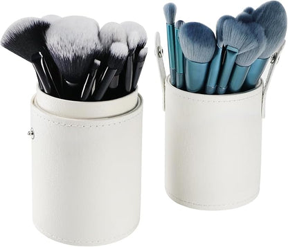 Portable Makeup Brush Case,Pu Leather Makeup Brush Holder with Button,Travel Cup Storage Dustproof Makeup Cosmetic Bags for Women (White)