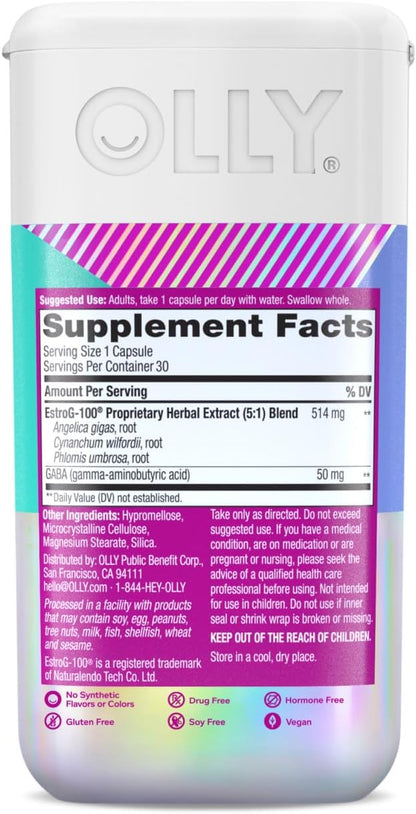 OLLY Mellow Menopause Supplements for Women, Supports Hot Flashes, Vaginal Dryness & Occasional Mood Swings,* Estro-G100®, GABA, Vegan Capsules, 1 Month Supply - 30 Count