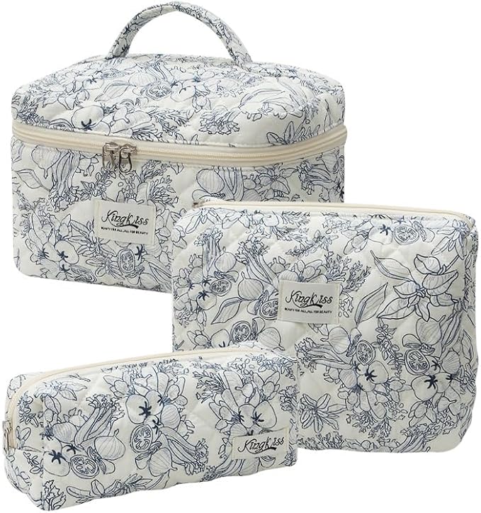 kingkiss Makeup Bag, Quilted Cosmetic Bag, Large Capacity Make Up Bag for Women, Cute Floral Storage Toiletry Bag Travel Storage Makeup Bag(Black Flower)