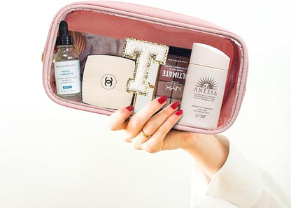 LETGO Initial Make Up Bag Travel Toiletry Bag, Clear Makeup Bag Preppy Cosmetic Bags Organizer Travel Essentials Pink Gifts for Women Teen Girlfriend Teacher Mom Brithday (Pink, T)