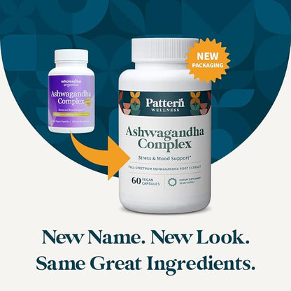 Pattern Wellness Ashwagandha Complex for Men & Women - KSM-66 & Black Pepper Extract - Whole Body & Heart Health - Supports Stress & Mood - Non-GMO - 60 Vegan Capsules