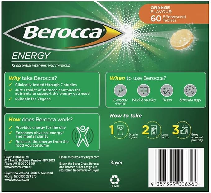 Berocca Energy Vitamin B & C Orange Flavour Effervescent Tablets 60 Pack