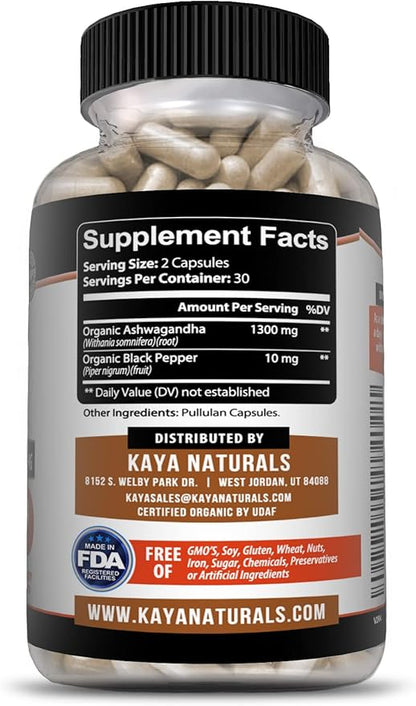 Kaya Naturals Organic Ashwagandha Capsules Extra Strength - Stress Relief Formula, Natural Mood Support, Stress, Focus, and Energy Support Supplement, 60 Capsules
